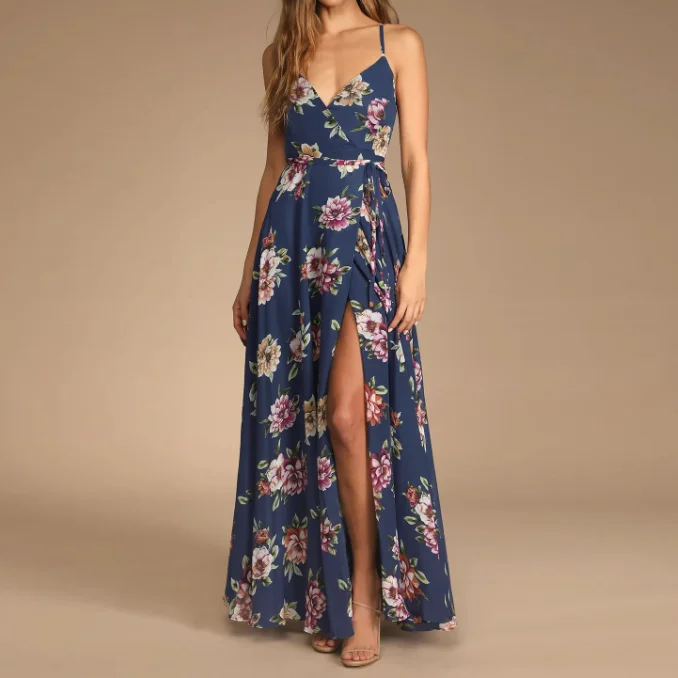 Digital Printing Casual Women’s Fashion Floral Casual V-Neck Club Dress Party Waist Side Slit Dress Elegant Sexy Loose Beach