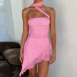 2025 Summer Halter Backless Sleeveless Solid Color Asymmetric Mini Women'S Dress Party Elegant Evening Spring Summer Cloth