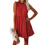 2025 Summer Dress Women Solid Color Sleeveless New Ruffle Waist Mini Dress Summer Casual Pleated Dresses - Image 3