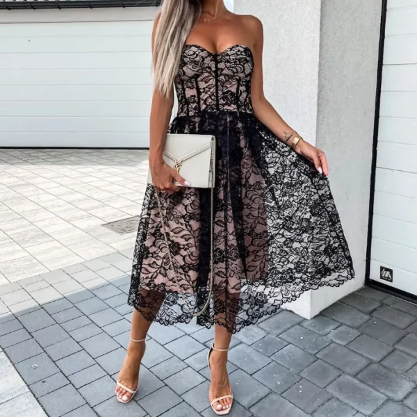 2025 Y2K Popular Women's Clothing Strapless Lace Maxi Dress High Quality Women's Dress Small MOQ