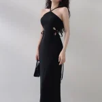 2025 Casual Dress Halter Dress Drawstring Cut Out Maxi Dress High Quality Women's Dress Small MOQ - Image 2