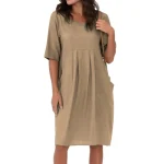 2025 Women's Fashion Summer New Cotton Linen Dress Pleated Pocket Casual Loose Dress Round Neck  Short-Sleeved Dress - Image 4