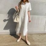 2025 Women Clothing Organic Cotton Short Sleeve Button Down Maxi Dress High Quality Women's Dress Order - Image 2