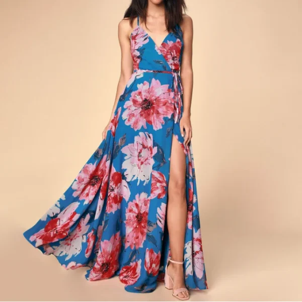 Digital Printing Casual Women's Fashion Floral Casual V-Neck Club Dress Party Waist Side Slit Dress Elegant Sexy Loose Beach - Image 5