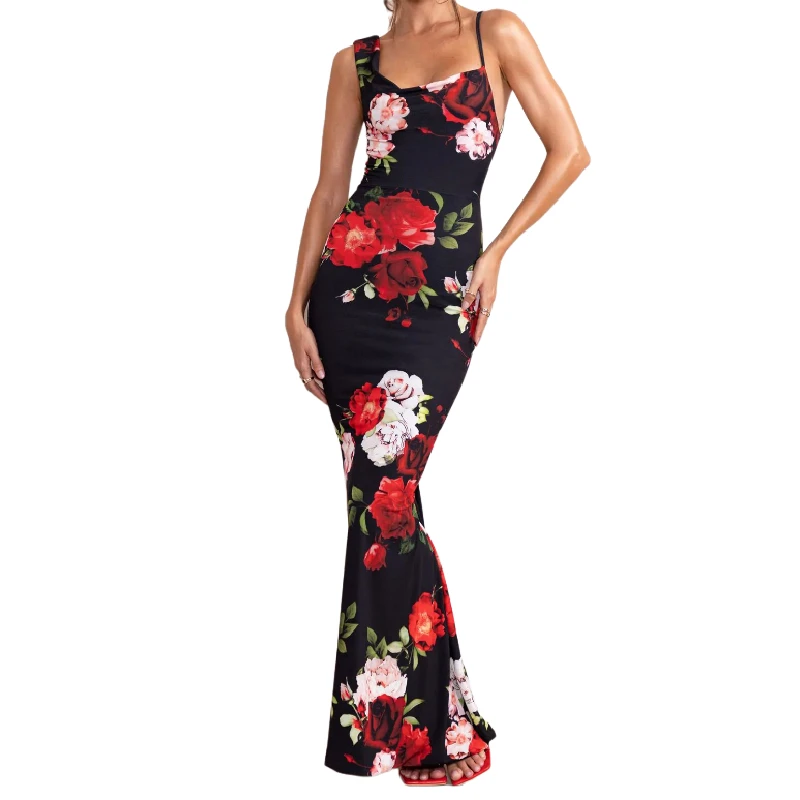 2025 Women Sleeveless Floral Dress High Waist Backless Elegant Maxi Dress Evening Party Bodycon Dresses Womens