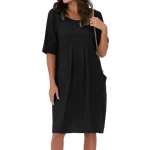 2025 Women's Fashion Summer New Cotton Linen Dress Pleated Pocket Casual Loose Dress Round Neck  Short-Sleeved Dress