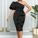2025 Women Clothing Holiday Big Size Woman Dress Solid Sexy Irregular One Shoulder Dresses Plus Size Half Sleeve