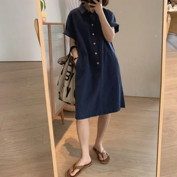 2025 Women Clothing Organic Cotton Button Down Kneelength Dress High Quality Women's Dress Small MOQ - Image 2