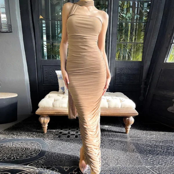 2025  Women Clothing Holiday New Arrival Sexy Hanging Neck Pleated Slim Women Dress Elegant pink Stylish Casual Dresses