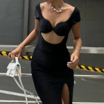 2025 Women Clothing Holiday Kneelength Cut Out Dress Bodycon V Neck Summer Fashion Dress Small MOQ