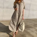 2025 Women Clothing Organic Cotton Short Sleeve Button Down Maxi Dress High Quality Women's Dress Order