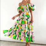 2025Puff Sleeve Beach Bohemian Maxi Dress Women 2025 Summer Off Shoulder Floral Boho Dress Female Chic Elegant Long Dresses