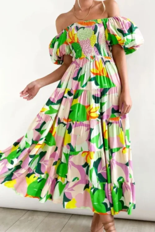 2025Puff Sleeve Beach Bohemian Maxi Dress Women 2025 Summer Off Shoulder Floral Boho Dress Female Chic Elegant Long Dresses